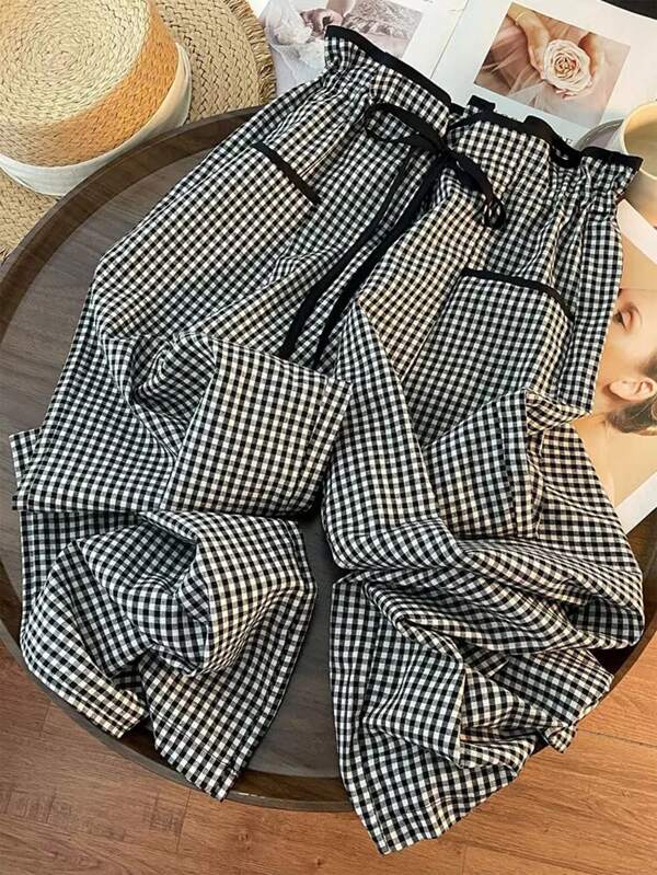 SHEIN PETITE Black & White Plaid High Waist Pocket Decor Women's Straight Leg Pants