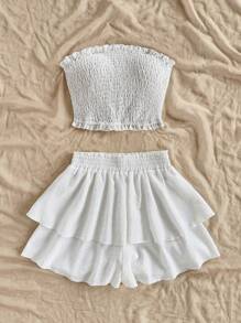 Soleia Set de vacaciones de 2 piezas para mujer: Top tubo de unicolor y falda pantalón con dobladillo de volantes - Blanco - Ver 3