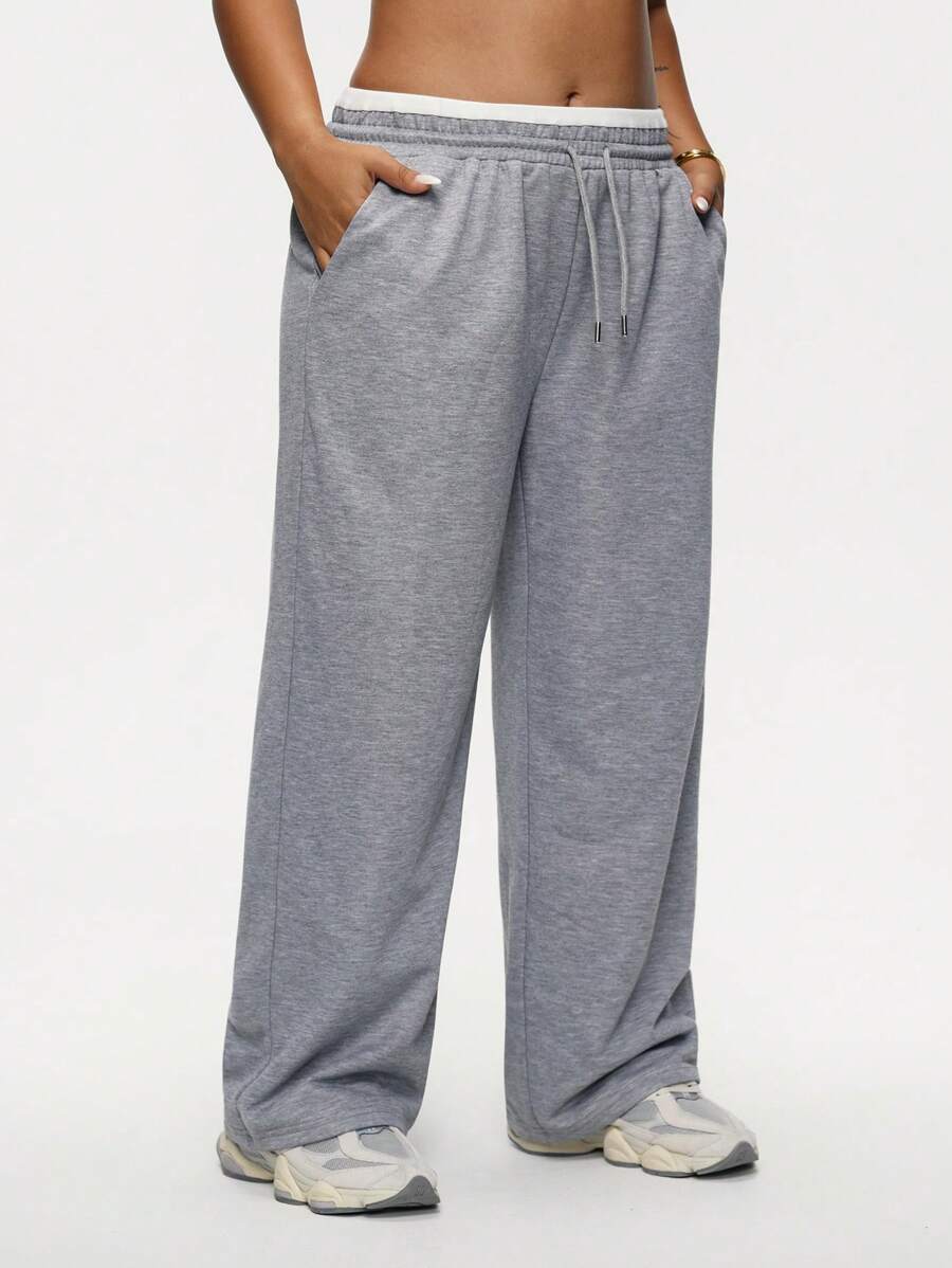 女式加大码撞色松紧腰带抽绳宽松直筒裤口袋休闲运动裤