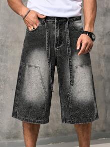 Manfinity LEGND Pantalones cortos informales y sueltos de mezclilla color negro tipo cargo para hombres en verano - Gris Oscuro - Ver 3