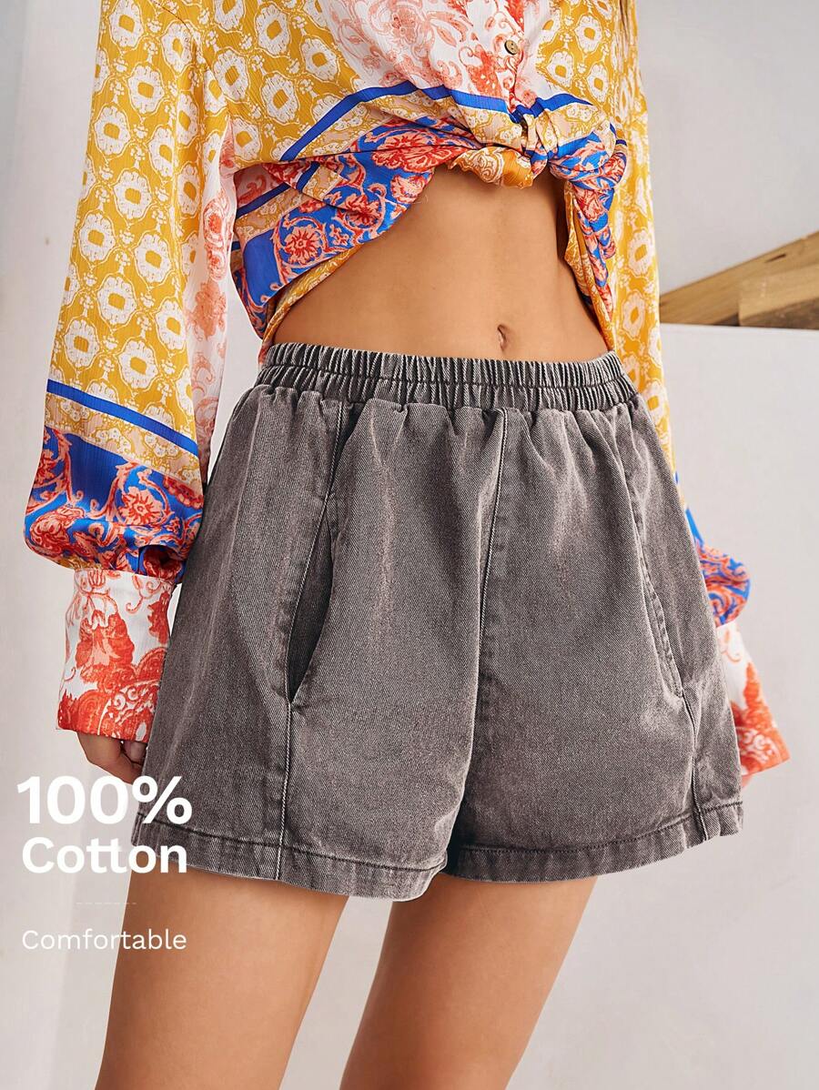 Bohemela 女士休闲中腰宽松棕色短裤 - 灰色 - 查看 1