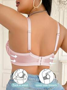 DesireSculpt 1pc Plus Size Lace Patchwork Steel Wire Bra, Lift - Pink - View 2