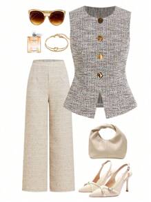 Ellevyn Women's French Style Sleeveless Vest With Metal Button Shirt, Commute Wear Summer - Multicolor - View 6