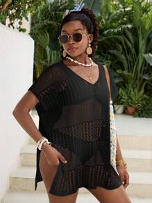 SHEIN Leap Crew Teen Girls Summer Beach Hollow Out Split Hem Cover Up Dress Without Bikini Set