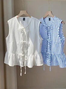 Comfortcana 2 件女式夏季格子衬衫和白色衬衫，节日套装 - 藍白色 - 查看 5