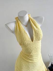 SHEIN Tall Women's Summer Casual Daily Solid Color Mesh Fabric Ruffled Halter Tie Bow Mini Dress