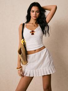 Poéselle 女士短裤刺绣裤裙褶皱白色裙子浪漫夏日假日风格纯色网眼刺绣褶皱下摆短裙 Y2k 服装乡村音乐会复古街头服饰外出全白复古海滩度假