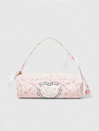 Kawaii Heart-Shaped Trim Cute White Cat & Bow Pattern Small Compact Cosmetic Pouch, Pen Bag, Jewelry Organizer, 999058