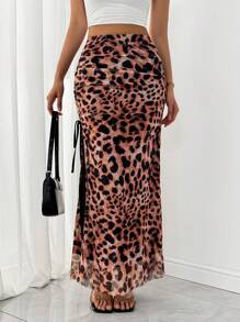 Gloray Women's Chiffon Leopard Print Drawstring Slit Elegant Skirt Fall Cloth For Women - Orange - View 6