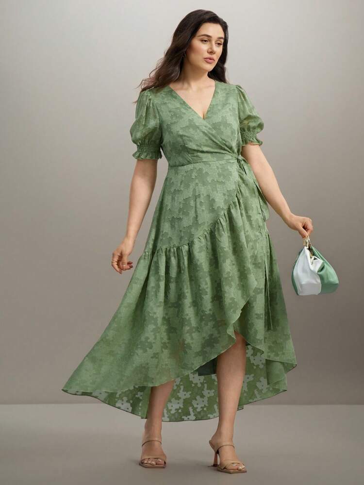 SHEIN Clasi Váy midi xếp lớp cổ chữ V tay bồng xếp ly thắt eo thanh lịch cho nữ cỡ lớn, viền bất đối xứng, thích hợp cho các buổi tụ họp mùa xuân/hè - màu xanh lá - Xem 4