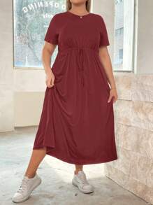 SHEIN Essnce Plus Size Women's New Summer Fashion Casual Solid Color Waist Strap A Hem (With Pockets) Long Short-Sleeved Dress - Burgundy - View 3
