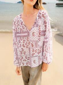 Lumivelle SeasideVibes Women's V-Neck Patchwork Print Semi-Sheer Blouse, Vacation Style Fall Cloth For Women