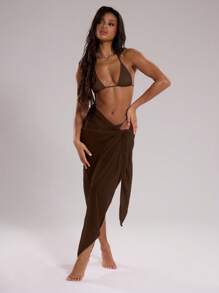 Musera Resort 网眼透明领带长纱笼罩衫游泳度假夏季假日波西米亚风可爱性感简约优雅披肩休闲沙滩裹裙旅行日常穿着棕色秋季 - 棕色 - 查看 3