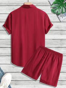 Manfinity RSRT 2pcs/Set Men's Casual Solid Color Button-Up Short Sleeve Shirt & Drawstring Shorts Men Vacation Outfits Outfits For Men Summer Vacation Outfits For Men Short Outfits For Men