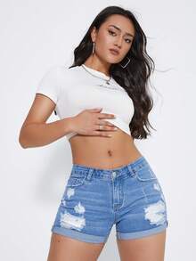 SHEIN EZwear 女士牛仔短裤 - 淺色水洗藍 - 查看 5