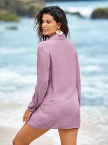 Swim Vcay Women's Casual Long Sleeve Solid Color Button Front Shirt Cover Up For Summer Beach Vacation - Mauve Purple - View 2