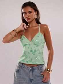 SHEIN BAE Spring And Summer Solid Green Halter Neck Elegant Beaded Flower Backless Suspender Top, Suitable For Beach Vacation, Backless Sexy Green Sequined Beaded Top - Green - View 3
