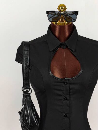 Amplova Blusa de mujer de cuello polo, hombros caídos, cintura ceñida y recortada con aberturas