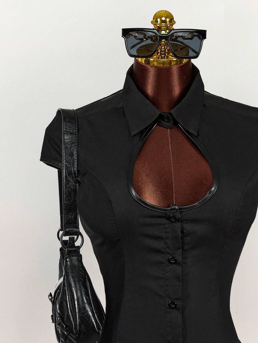 Amplova 女式高领落肩镂空修身束腰衬衫 - 黑色 - 查看 1