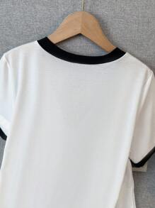 SHEIN Clasi Camiseta casual de mujer de manga corta con cuello en V, bloque de color y detalle de lazo
