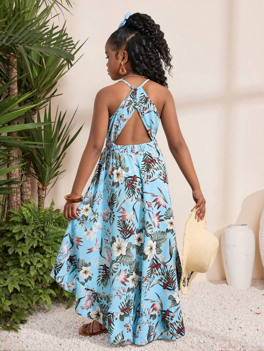 SHEIN Tween Girls' Elegant Floral Print Sleeveless Halter Neck Dress ...