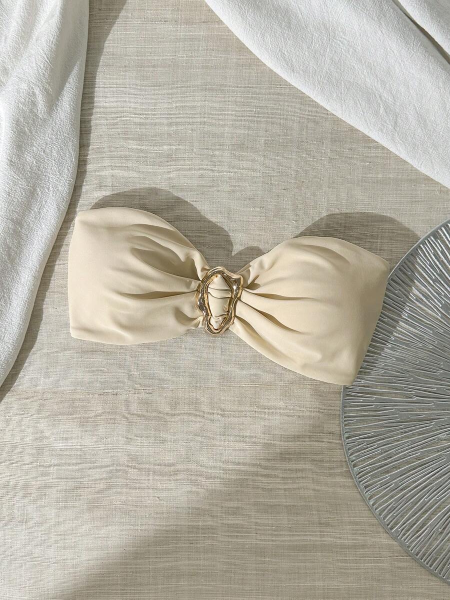 Swim Chiccia Spring Break Women Summer Solid Color Metal Decor Sexy Bow Bandeau Bikini Top Wedding Guest Bride - Apricot - View 1
