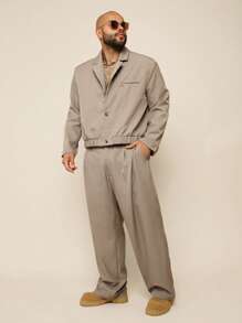 EASEVO Plus Size Men's Woven Casual Long Sleeve Suit Set