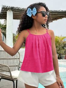 SHEIN Tween Girls Casual Vacation Textured Loose Fit Camisole Top - Hot Pink - View 6