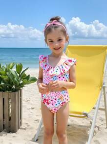 Young Girls Ditsy Floral Ruffle Hem Bikini Sets - Multicolor - View 3