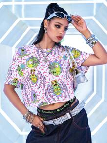 Rick and Morty X SHEIN Women's White, Green, Purple Cool Cartoon Pattern Loose Cropped T-Shirt, Casual Versatile Summer Top - Multicolor - View 6