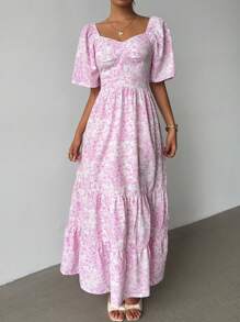 Selianne 夏季短袖海滩度假音乐节粉色碎花长裙