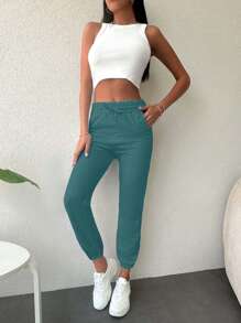 SHEIN Cottnline Cotton Ladies Tie-Up Ankle Sweatpants - Mint Green - View 5