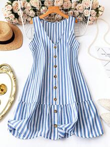 Rometta Vestido de verano sin mangas de cuello en V a rayas para mujeres