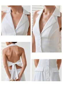 Uhlyne Vestido midi de línea A con cuello de mandarín, botones de resina, sin mangas, lazo y escote halter de lino de unicolor y elegante para mujer