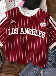 SHEIN 3pcs/Set Tween Girls Casual Striped #23 & City Letter Graphic Short Sleeve Crew Neck T-Shirts, Suitable For Summer