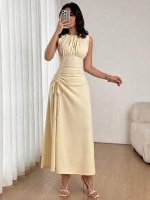 Firerie Women's Elegant Apricot Solid Color Round Neck Short Sleeve Pleated Waist Drawstring Casual Maxi Dress, Suitable For Summer Commute And Daily Wear, Business Casual Ladies' Easter Dress, Dignified,Graduation,Teacher Outfits For Women,Teacher Dress - Apricot - View 4