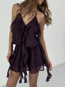 Aloruh Women's Dark Purple Ruffle Trim Halter Mini Dress, 70s Style Summer Party Club Outfits,Solid Color Backless Vacation Holiday Beach Outfits - Purple - View 9