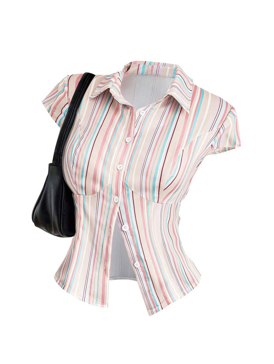 Sweetra Plus Size Women's Short Sleeve Simple Striped Fitted Casual Shirt - Brown - View 1