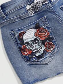 ROMWE Avant Women Cute Skull Rose Embroidery Denim Shorts - Blue - View 2
