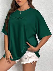 SHEIN Essnce Plus Embroidery Letter Pattern Drop Shoulder Tee Plus Size T Shirt Girls - Dark Green - View 4