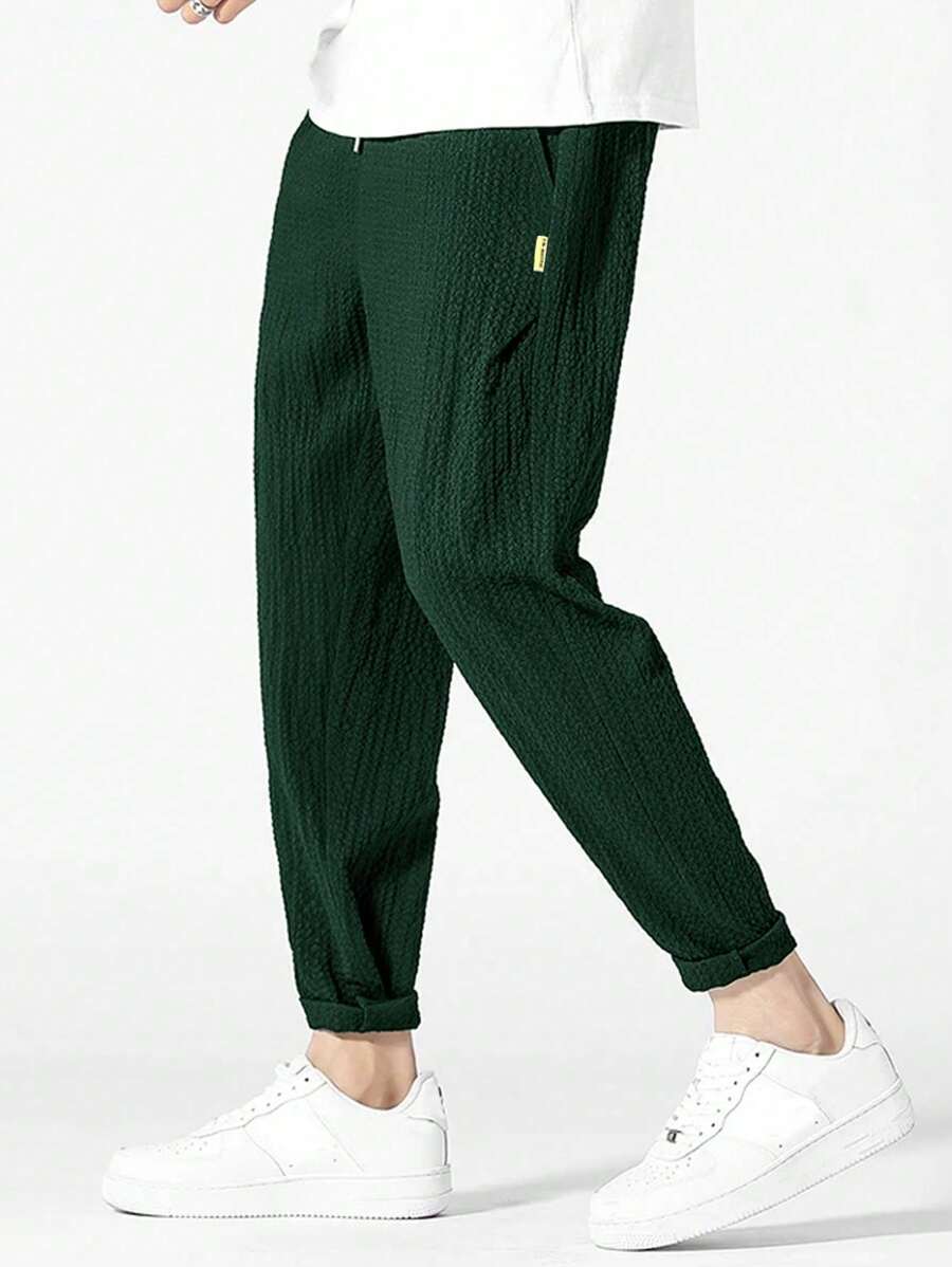 Manfinity Homme Loose Men Letter Patched Detail Textured Tapered Pants, Fall - Dark Green - View 1