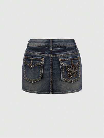 Fairycore Women's Retro Y2K Ultra Low Waist Mini Skirt, Distressed Wash With Pockets, Butterfly Graphic, Rivets Embellished, Sexy Denim Skirt