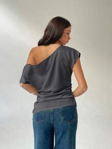 Aloruh Women's Asymmetric Collar Solid Color Batwing Sleeve Fashion Shirt, Summer - Dark Grey - View 2