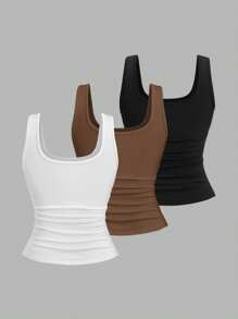 Sweetra Camiseta sin mangas casual con escote cuadrado y pliegues para mujeres de talla grande en verano