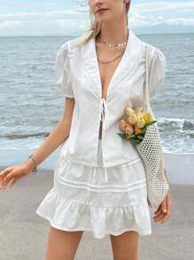 Jouncy 2pcs/Set Women Lace Trim Blouse And Mini Skirt Set, Casual And Feminine - White - View 1