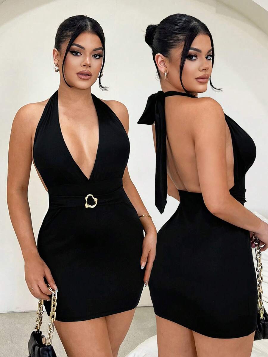 SHEIN SXY Đầm đen hở lưng khóa kim loại gợi cảm - màu đen - Xem 1