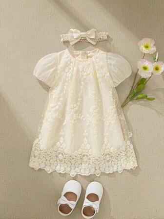 Souflis Souflis Infant Girls' Cream-Color Embroidered Mesh Puff Sleeve Princess Dress, Suitable For Birthday Party, Formal Events, And Daily Wear, Spring/Summer Baby Girl Clothes For Wedding Elegant Dresses For Baby Girl Baby Girls Dresses Christening