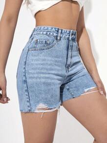 SHEIN EZwear Quần short denim mùa hè giản dị, đa năng, có túi trơn viền tua rua - Rửa trung bình - Xem 3