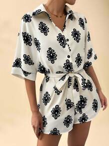 SHEIN LUNE Bộ đồ liền thân in họa tiết tay cánh dơi cổ buộc cho nữ - Nhiều màu - Xem 5