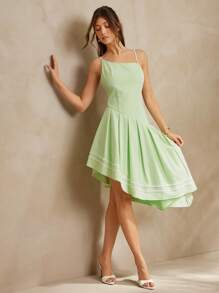 L'Amorae SOLID COLOR COTTON SPANDEX Asymmetrical NECK SLEEEVELESS DRESS - Green - View 1